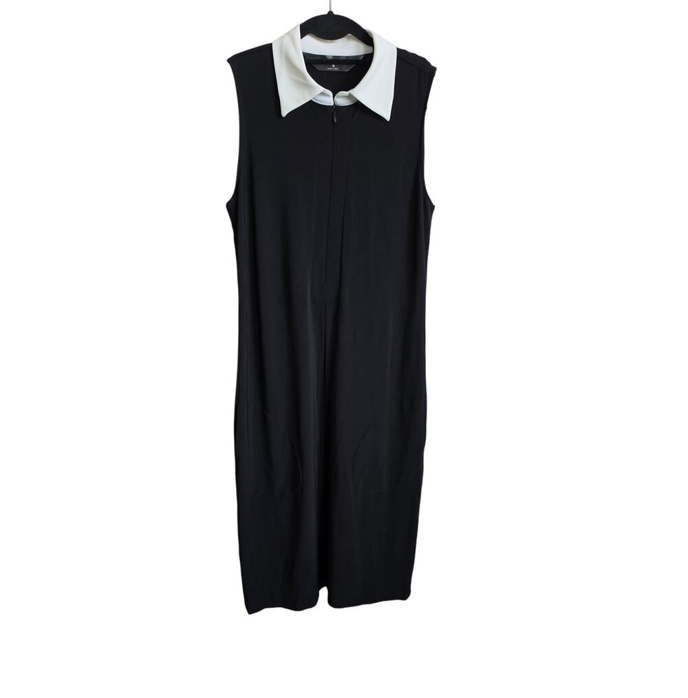 Norma Kamali Kulture Front Zip Contrast Collar Sleeveless Dress Black Size S